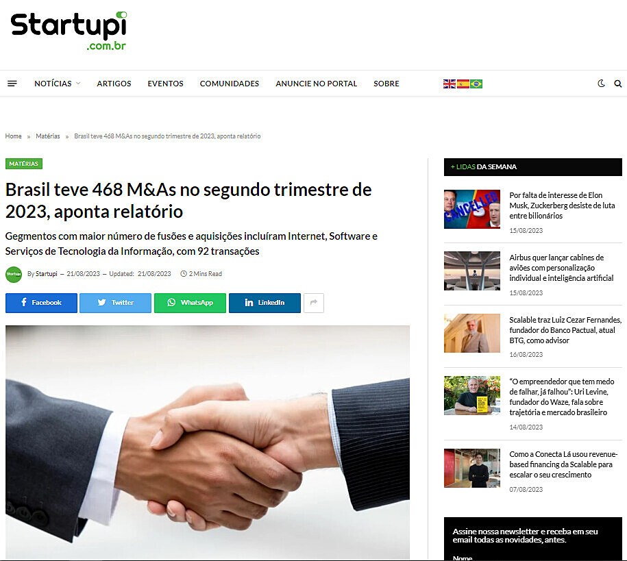 Brasil teve 468 M&As no segundo trimestre de 2023, aponta relatrio